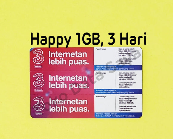 Voucher Kuota Data 3 / Three / Tri Happy 1GB, 3 Hari, Jatim