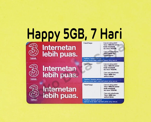 Voucher Kuota Data 3 / Three / Tri Happy 5GB, 7 Hari