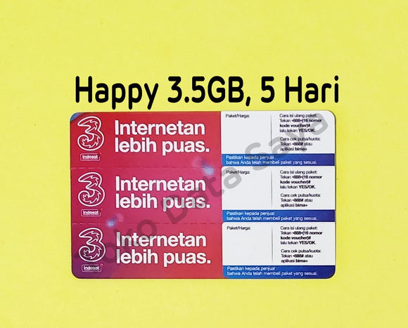 Voucher Kuota Data 3 / Three / Tri Happy 3.5GB, 5 Hari ( Promo ) NEW total (4.5GB)