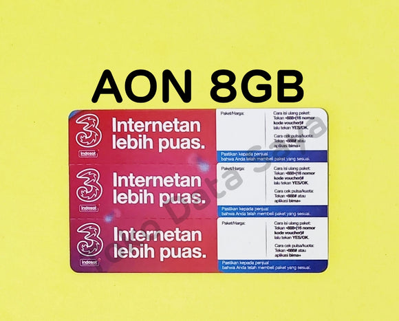 Voucher Kuota Data 3 / Three / Tri AON 8 / 12  ( Promo) NEW total (16GB)